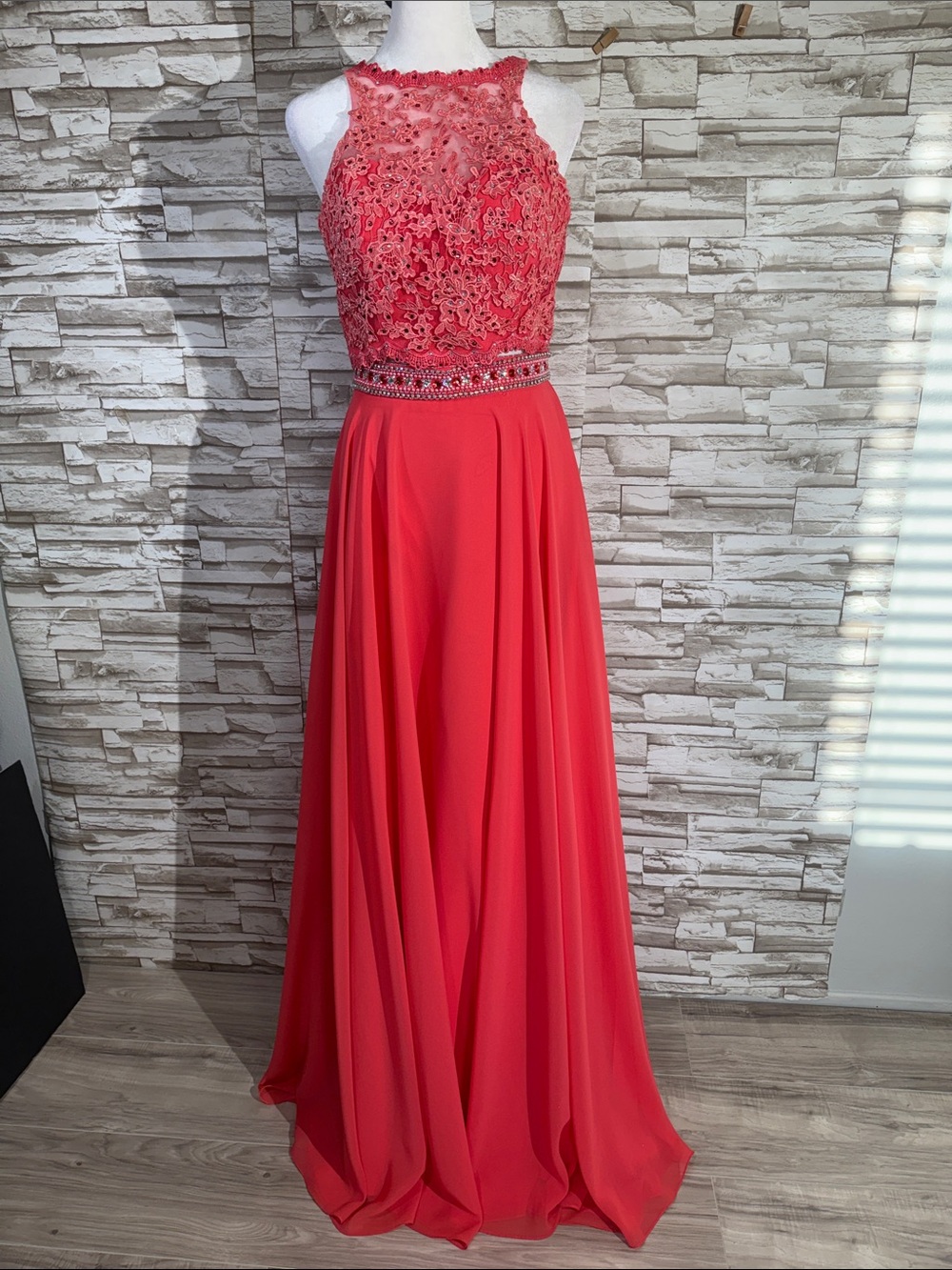 Abby Paige Coral 8 Lace Appliqué Halter Two piece Prom Dress